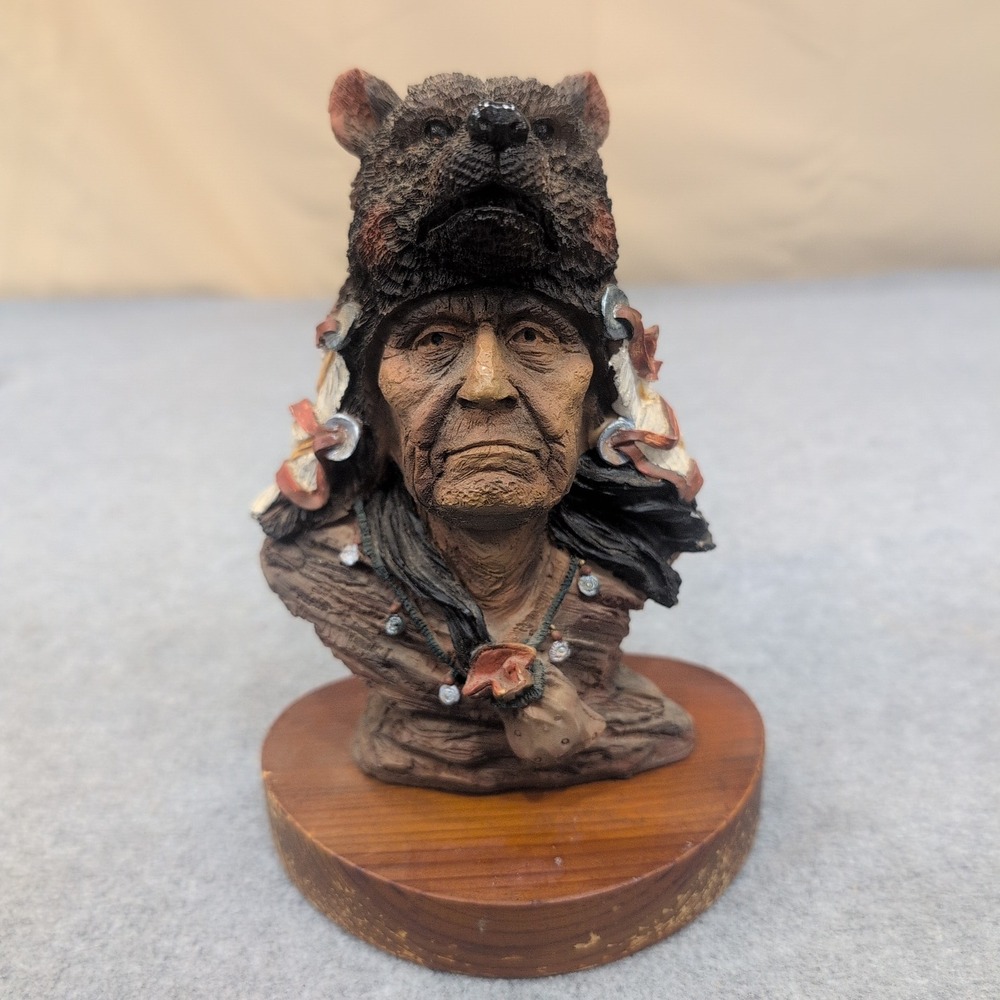 Native American Chief Bust Bear Headdress Feather Necklace Figurine Statue - Picture 1 of 8